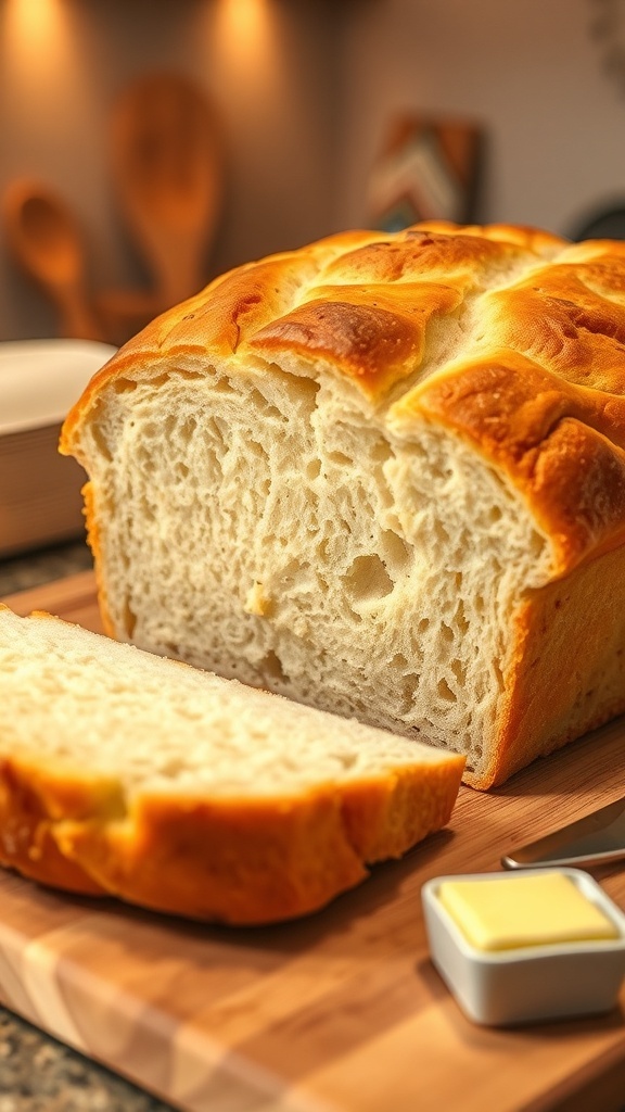Freshly baked gluten-free bread loaf sliced on a wooden board with butter.